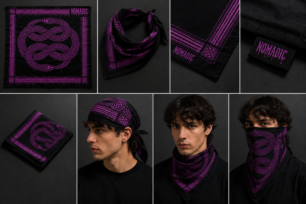 Collage of purple bandanas with 'Nomadic' branding on a dark background.